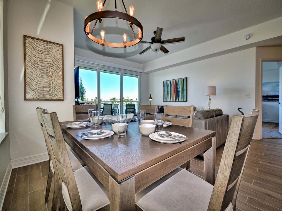 Dining table has seating for 6 guests.