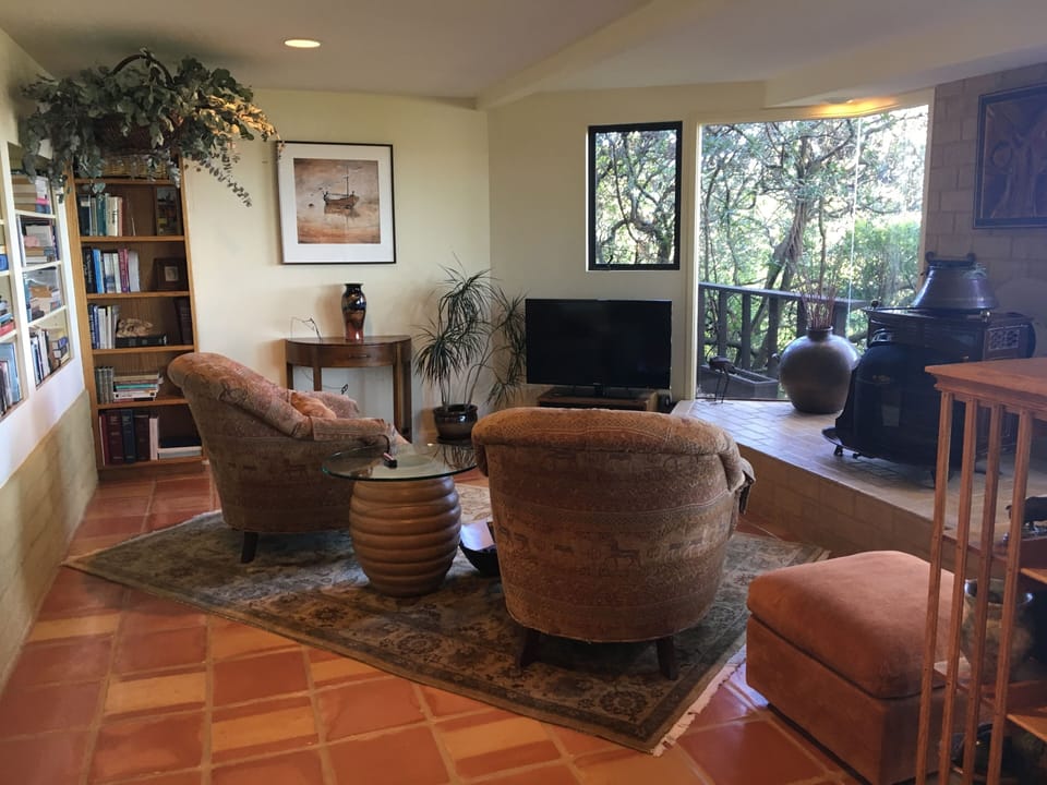 tv and reading area with comfy chairs