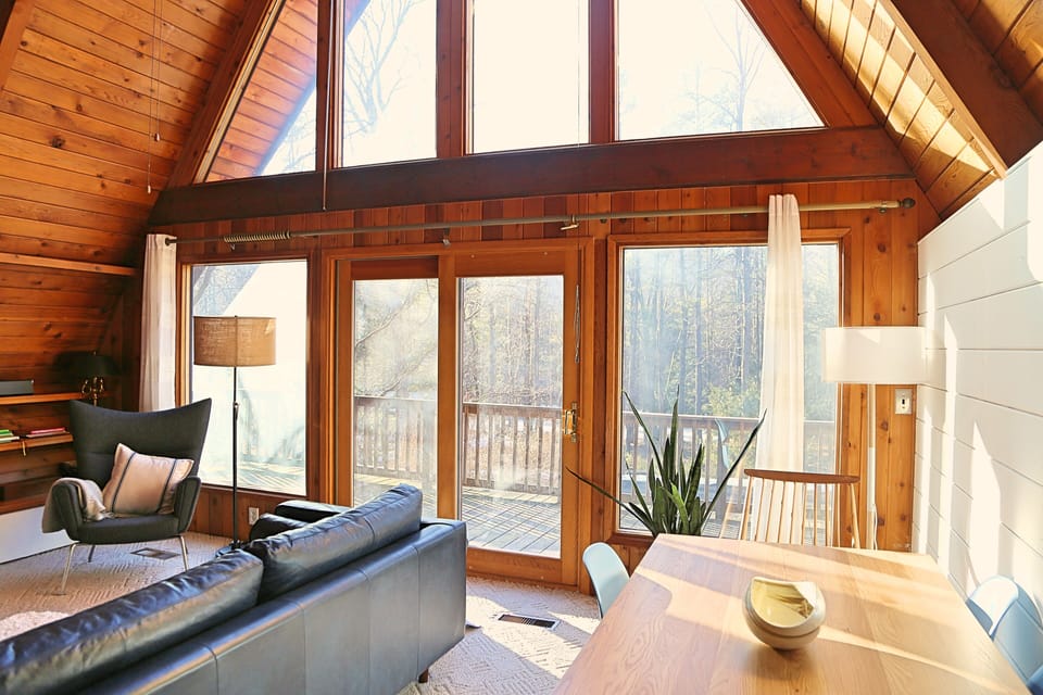 Living room with wonderful light and mountain views (winter) and woods (summer)