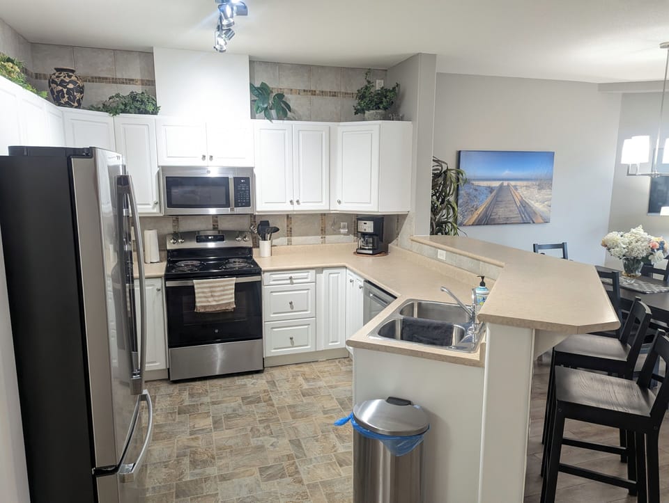 The kitchen has a stove, fridge, microwave, and dishwasher