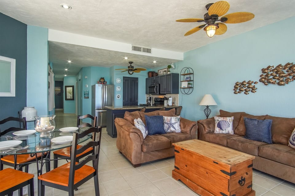 Comfortably furnished, the living room is spacious and tranquil.