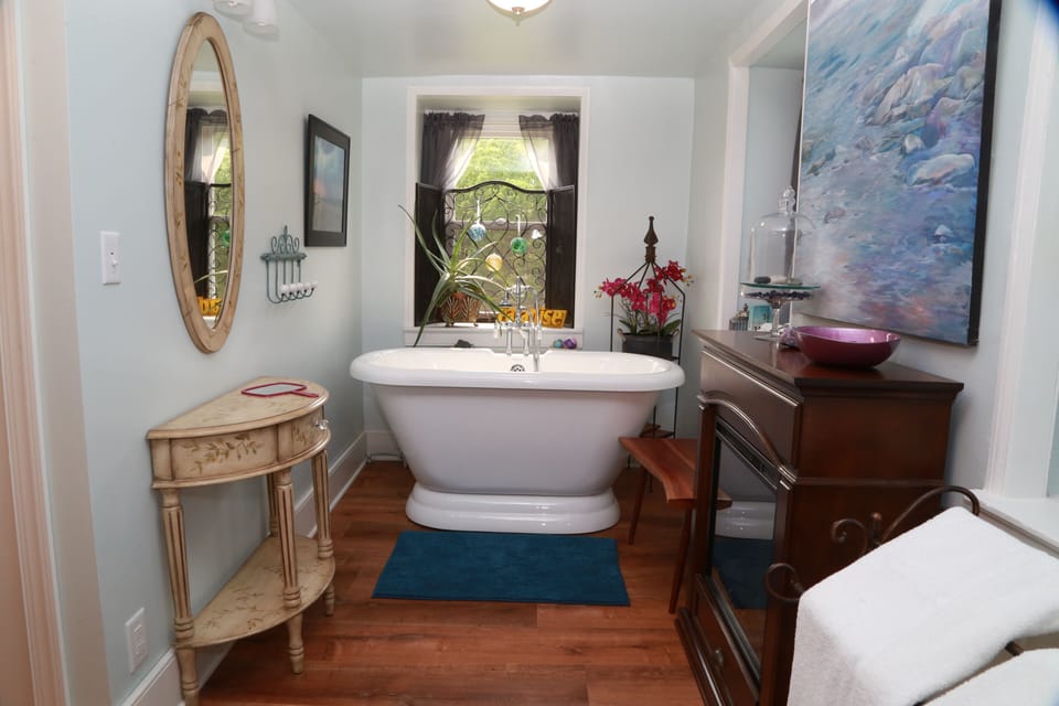 Master suite soaking tub and fireplace. 