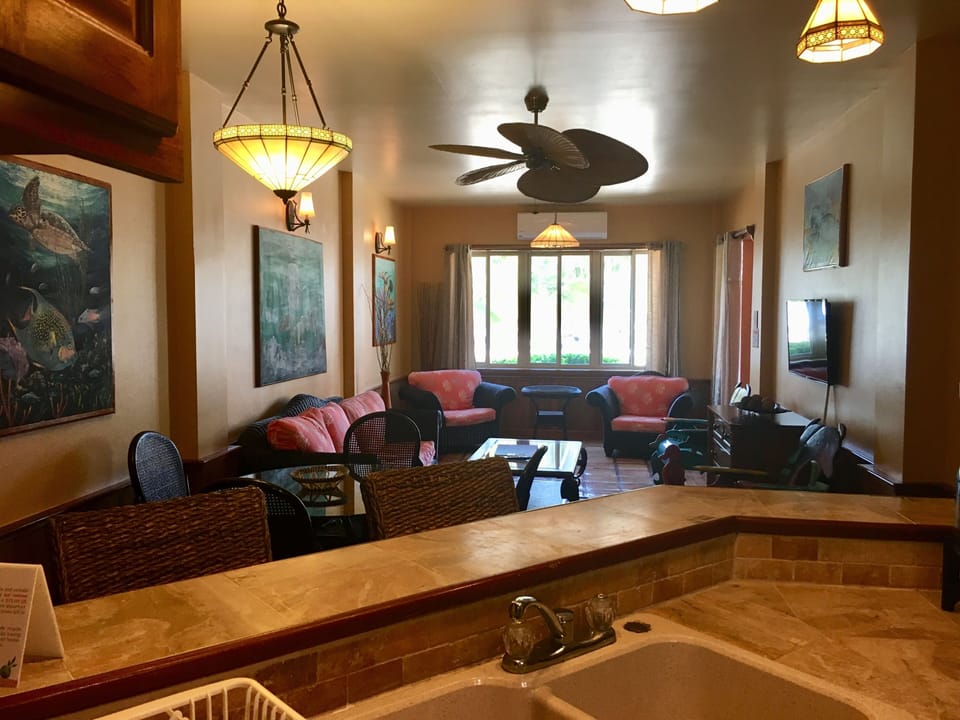 Spacious common area - living room, dining room and kitchen leading to patio.
