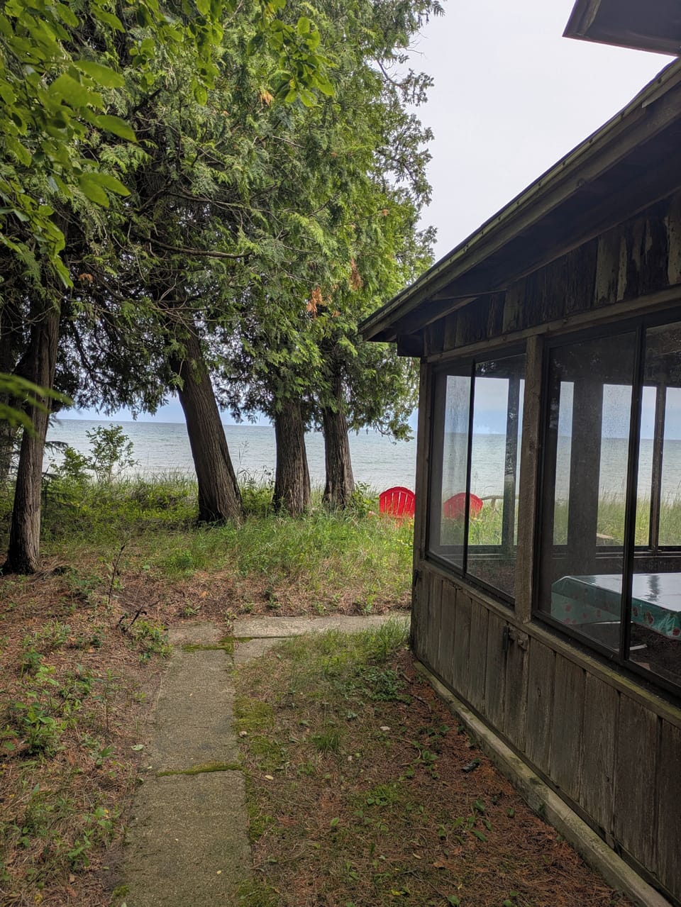 View from the side of the cabin facing the water. 