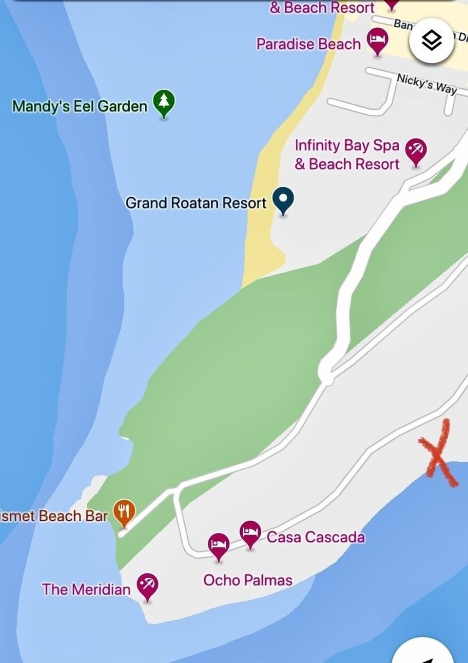 Our home is where the red x is.  Road is a nice .5 mile walk to west bay beach