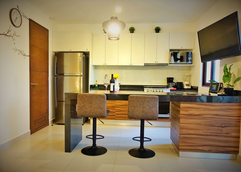 Modern fully equipped Kitchen. Some of condiments are provided.  