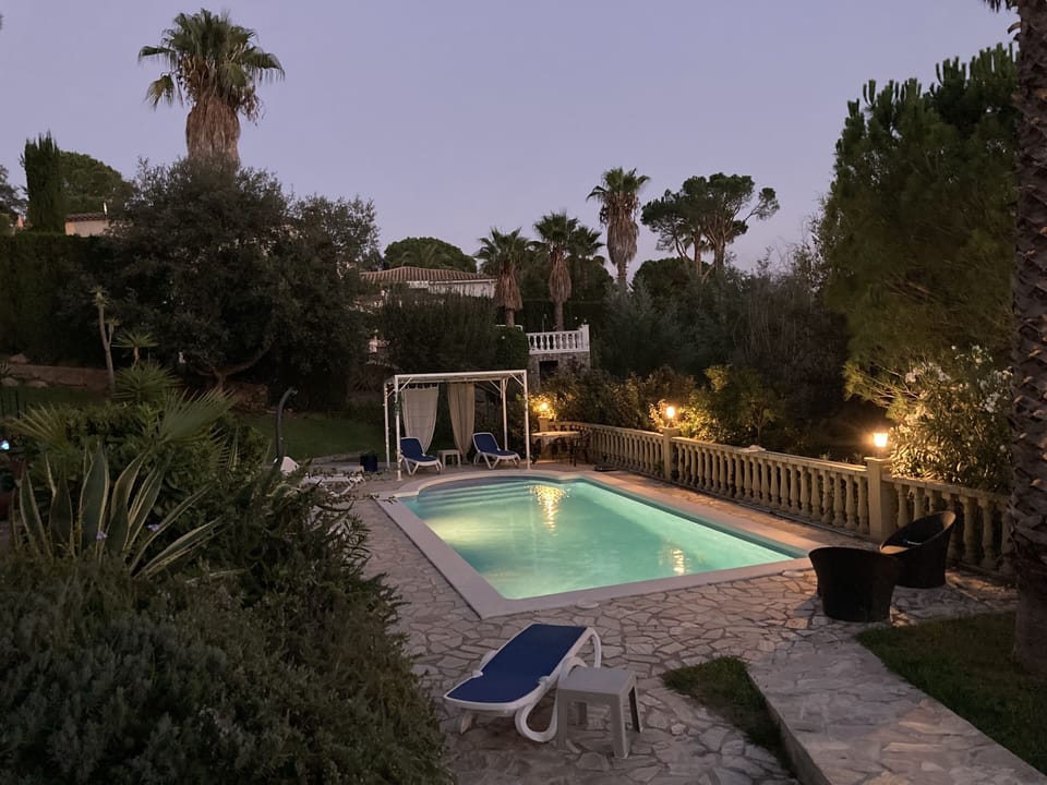 New shaded area around the pool, solar lights add to the ambience