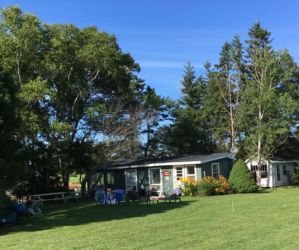 The white cabin in back has a full bath , bunk beds and a washer and dryer.