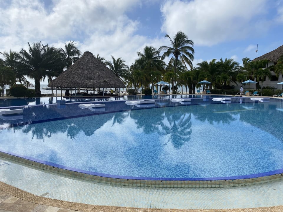Oversize pool with pool bar overlooking ocean.
