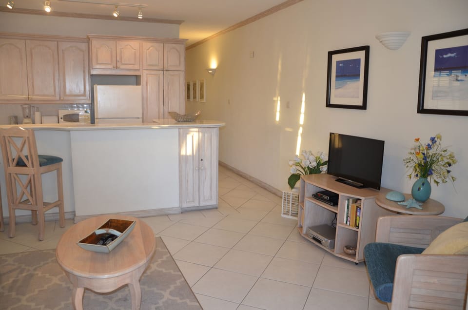 Leith Court #12  Open Concept Living Room & TV, Kitchen Bar in Worthing Barbados