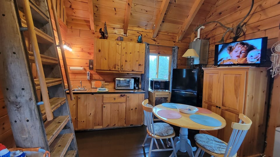 dining area, smart tv, full size refrigerator, toaster oven, microwave.