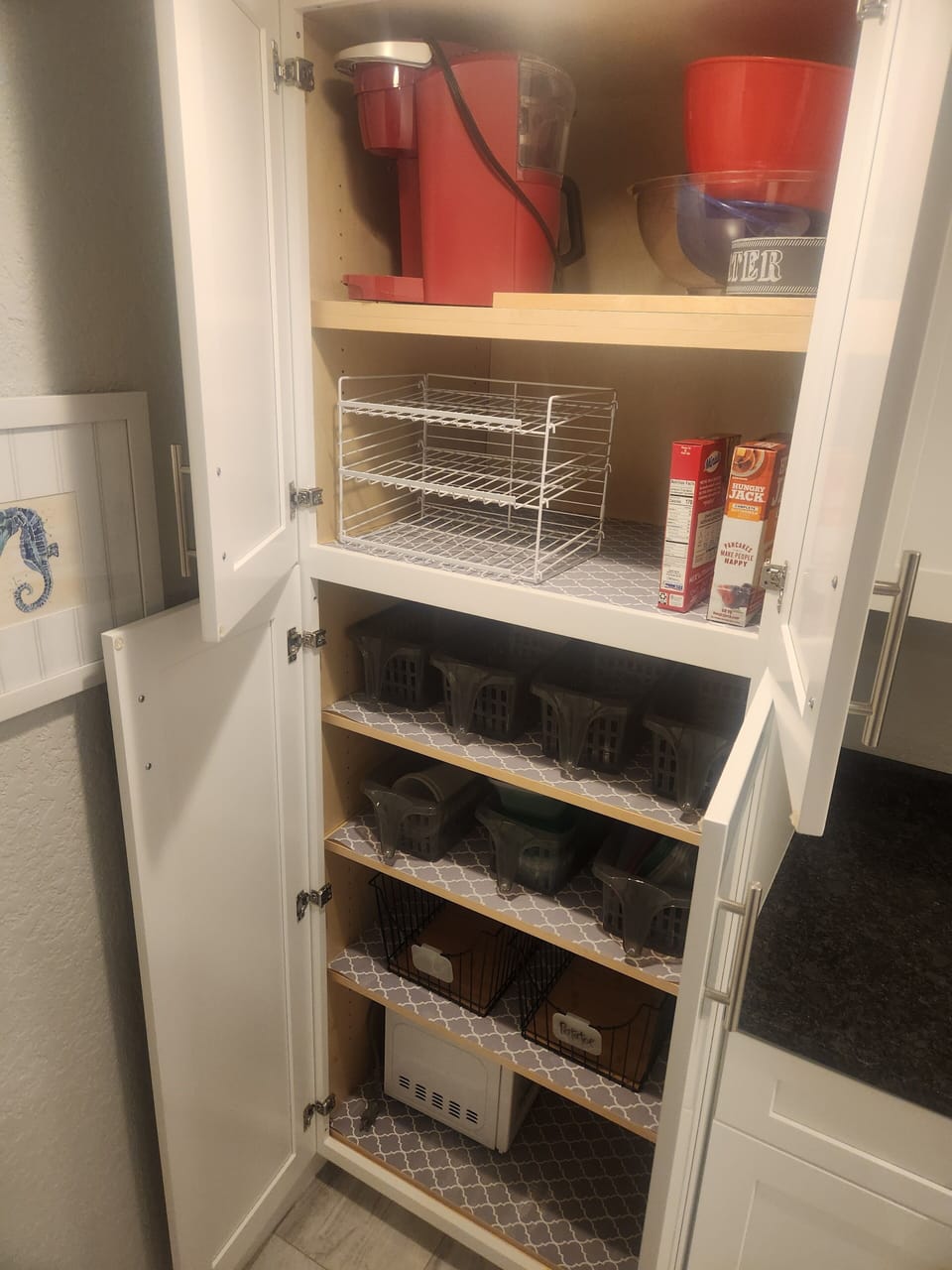 Pantry cupboard and Keurig coffeemaker