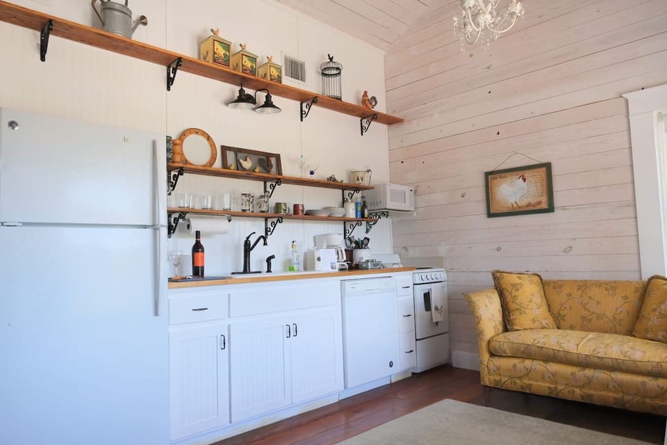 Your cottage features a large kitchen if you choose to cook in. Try our farm-fresh eggs from the chicken coop!  We stock coffee & filters, tea &  sugar.  Wine glasses, plates, silverware, pots, pans, and cooking utensils are all provided.

