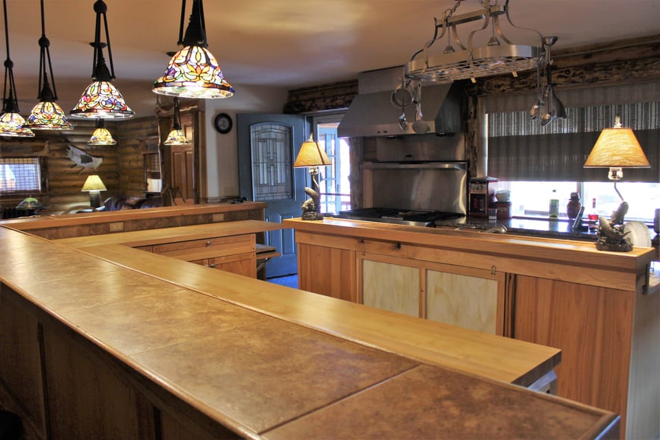 Kitchen with bar seating for 8