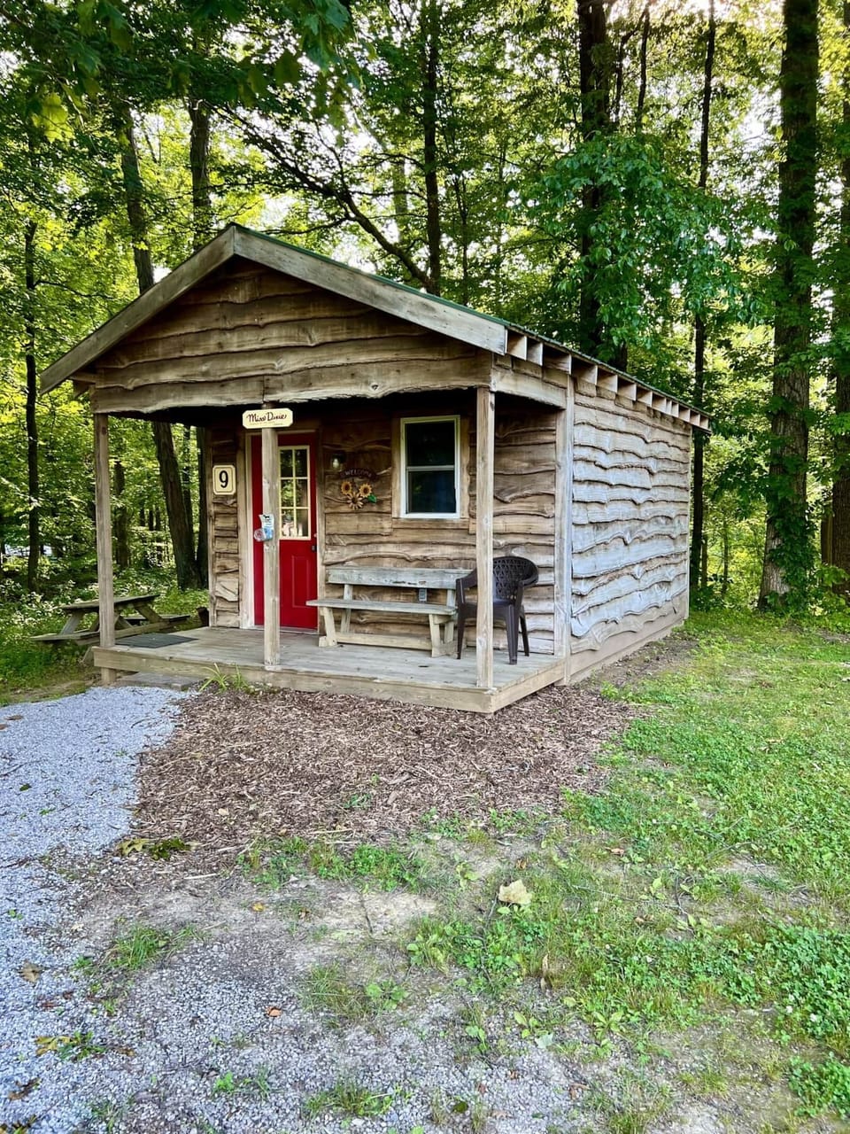 Cabin #9 is nestled in the woods. Picnic table and fire rind provided.