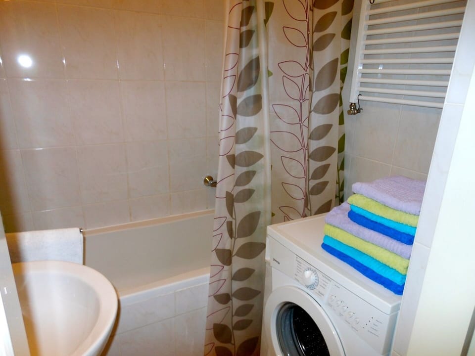 Bathroom with bath tub and washing machine with dryer function