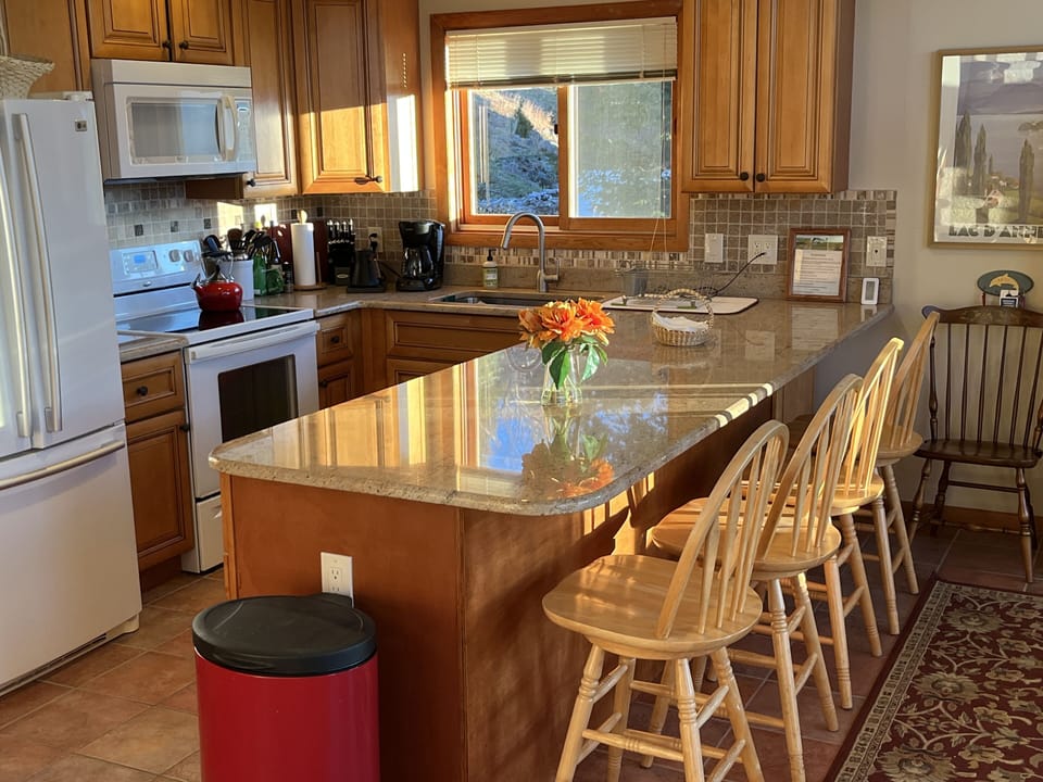 Fine kitchen area with all amenities and granite breakfast bar seating for six