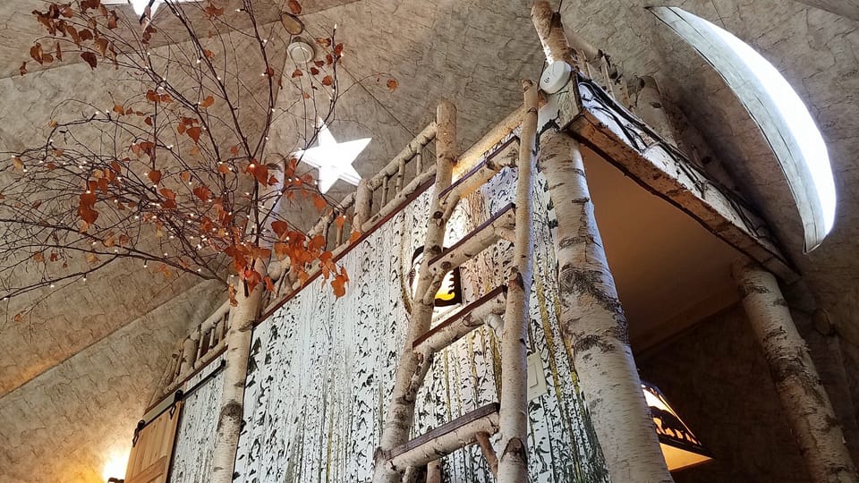 Birch ladder to the loft, star skylights, moon window, bedroom behind the wall