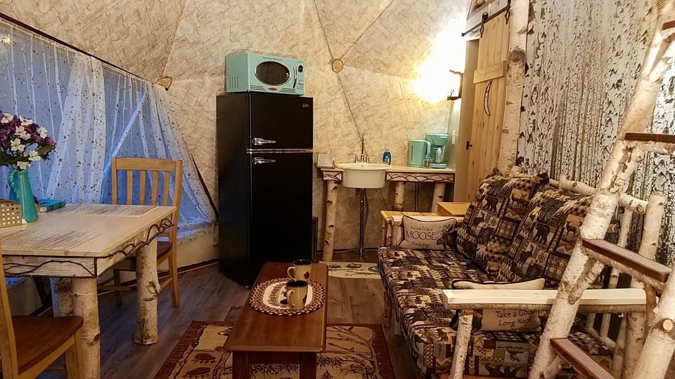 Table and chairs, retro fridge and microwave, bay window, love seat, birch sink