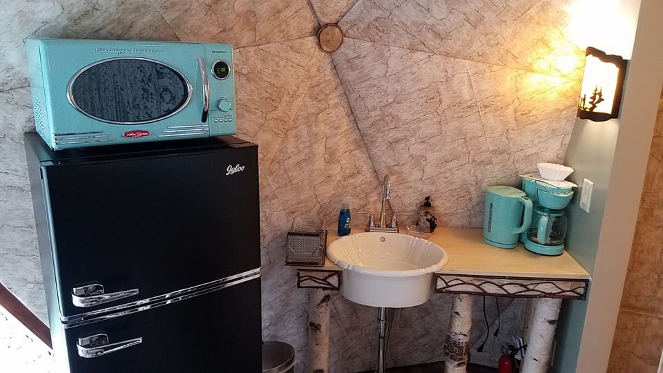 Retro fridge and microwave, custom built birch sink, coffee maker, kettle