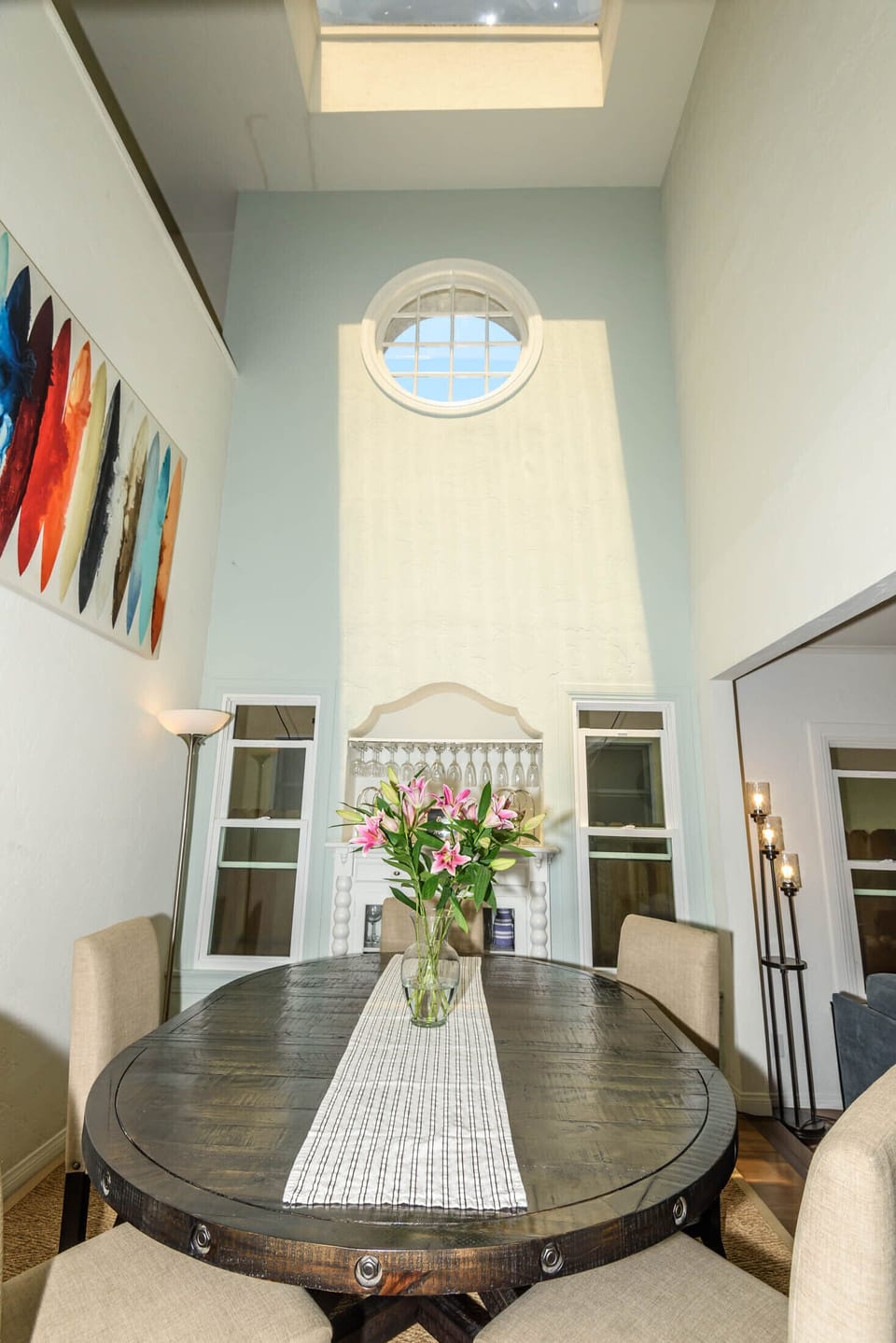 Dining area looking up to skylight