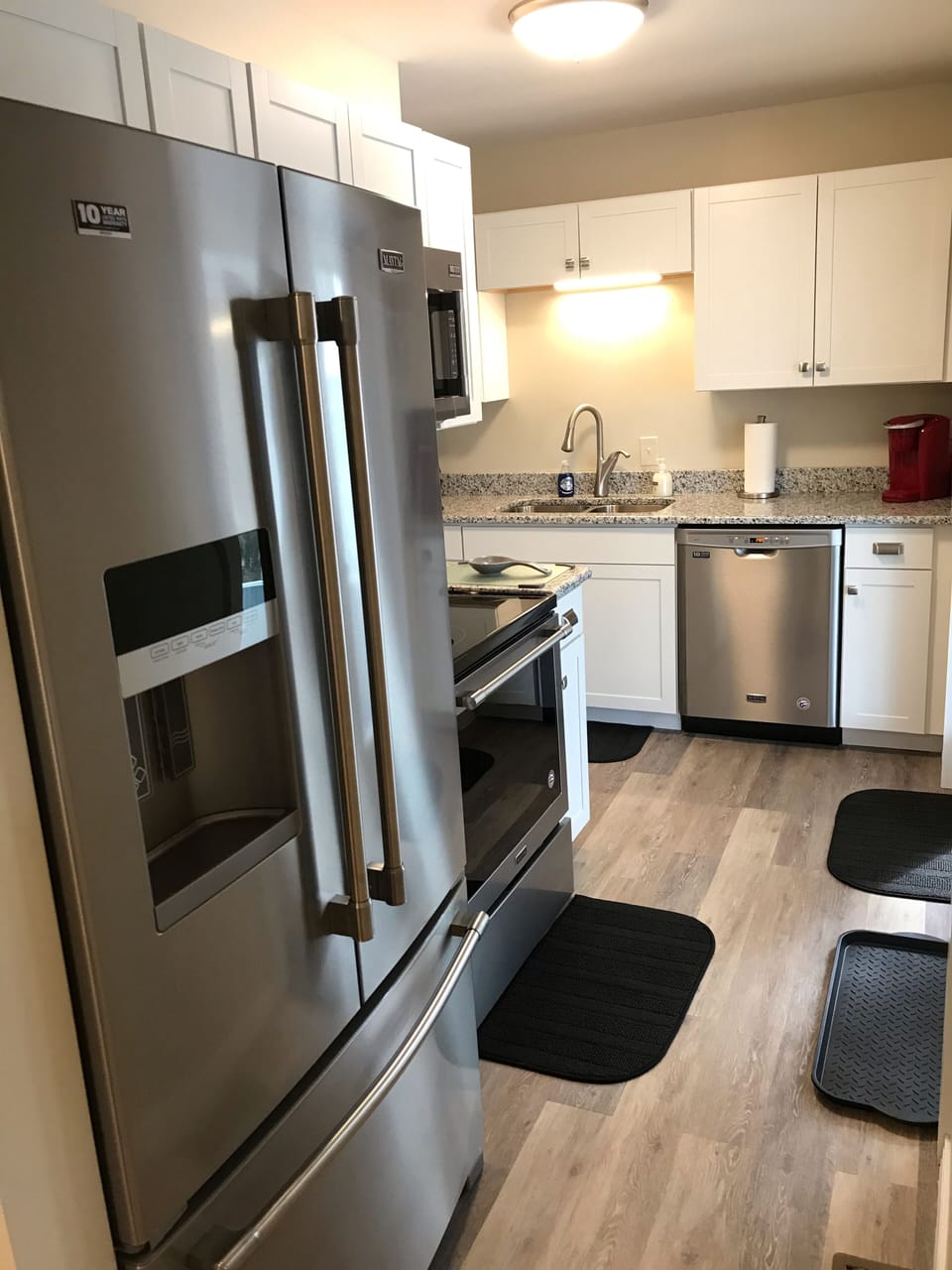 New Maytag appliances plus Keurig in our L-shaped kitchen!