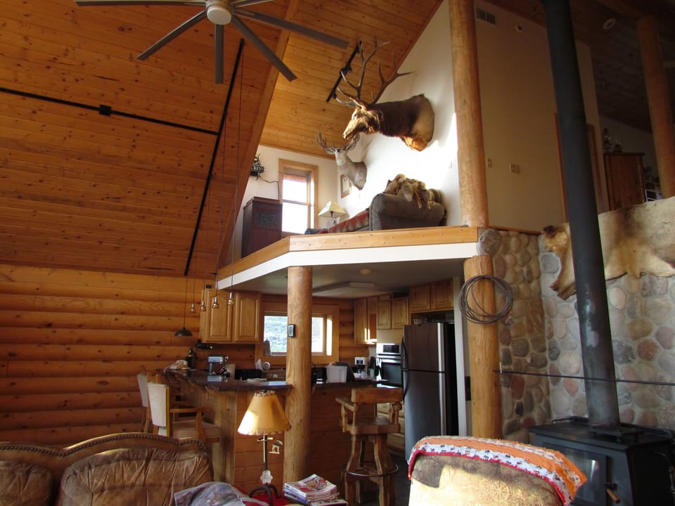 View of loft from living area, loft is currently closed (no railings)