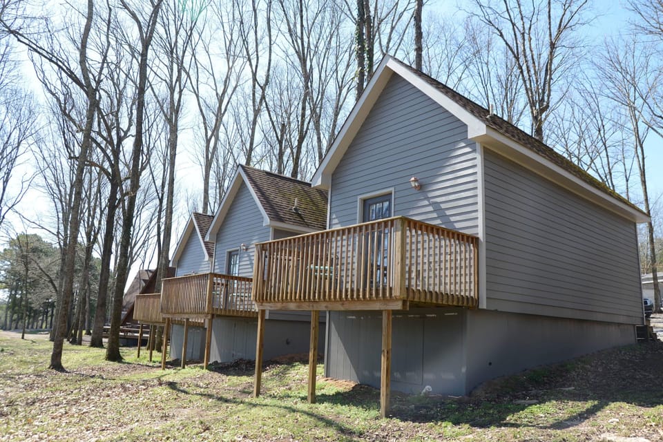 back view of the cabin overlooking the pond