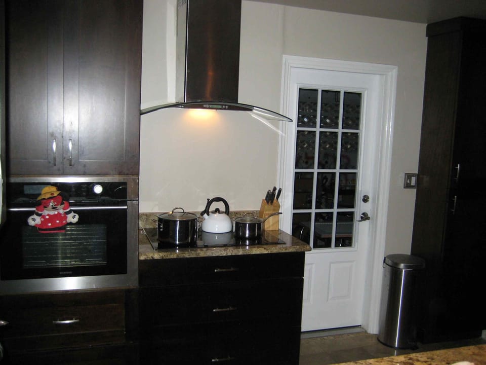 Kitchen, stove top and built in oven with top of the line appliances.