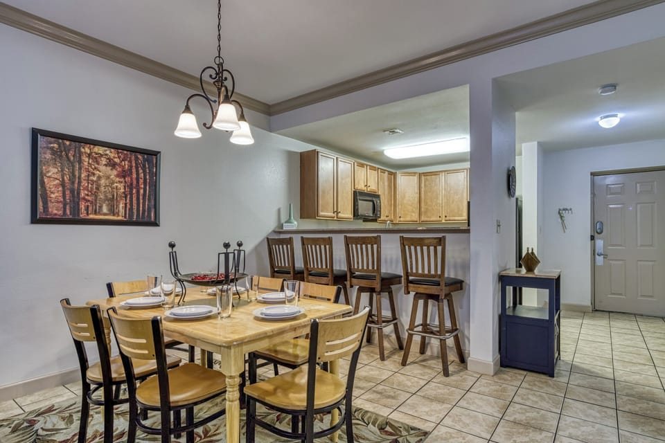 Kitchen, Dining Table, 6 Chairs, 4 Bar Stools, Cabinets, Door, Tile, Art, Dishes