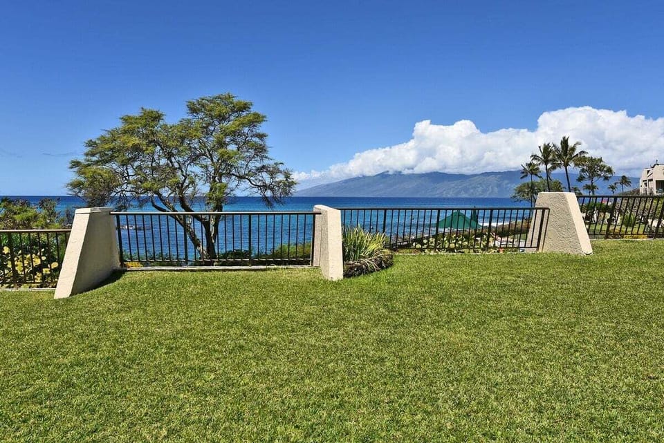 A wide yard stretches to the fence, mountains and horizon rolling beyond the sea.