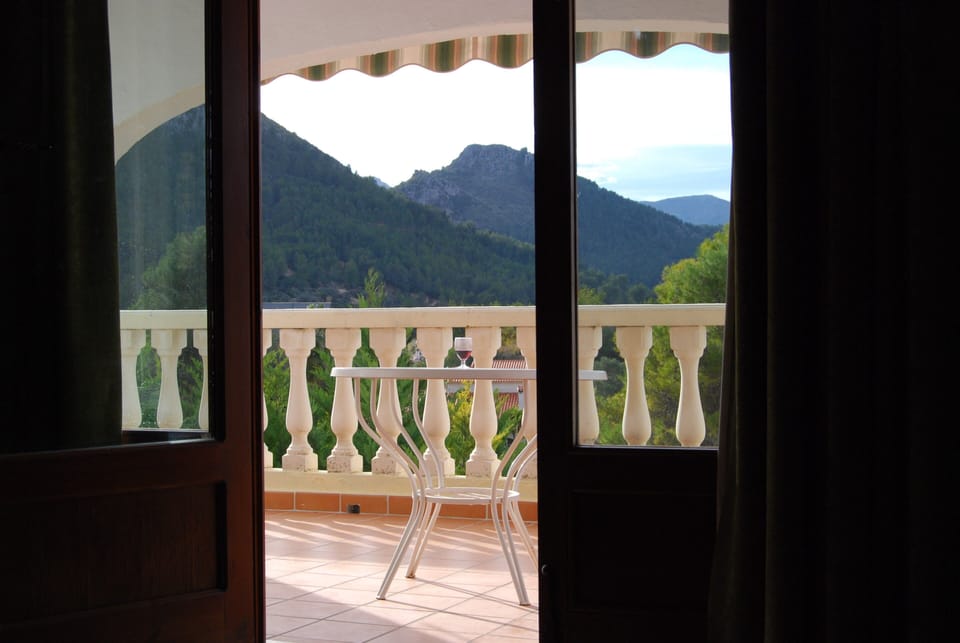 Through the French doors, view west onto sunlit terrace