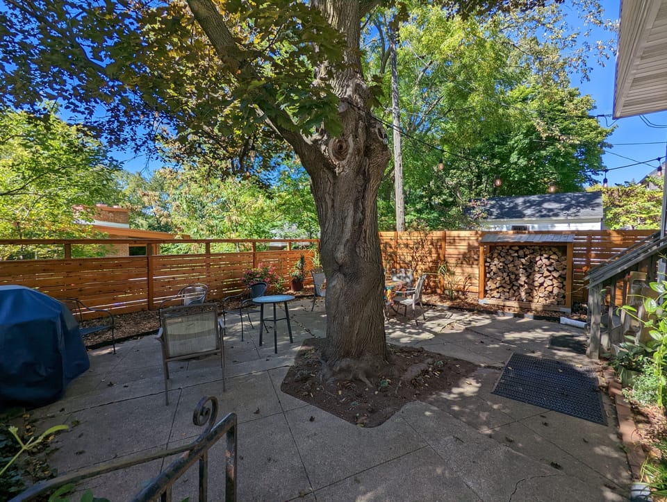 Backyard with Firepit and lots of firewood