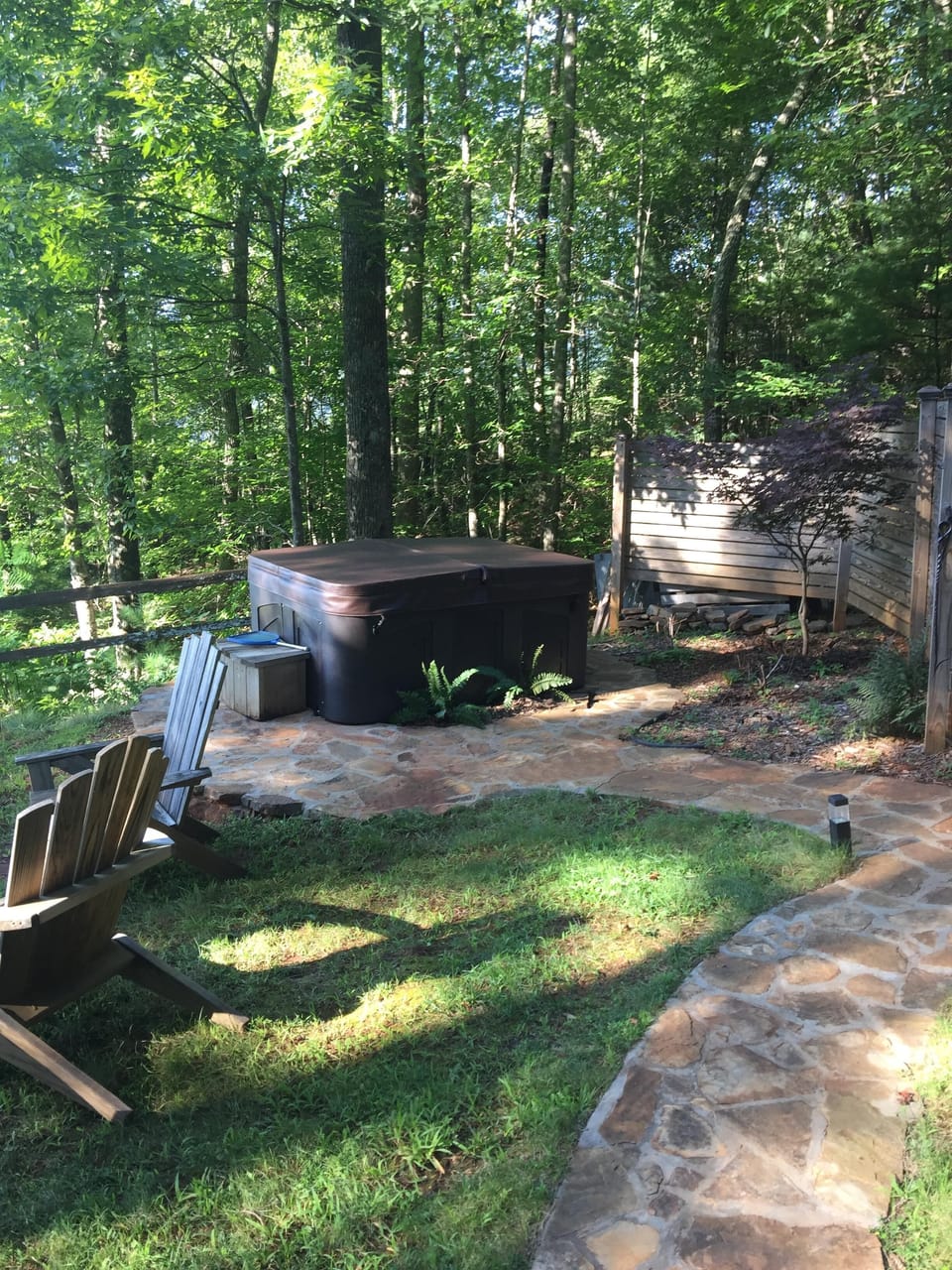 Path from shower to hot tub