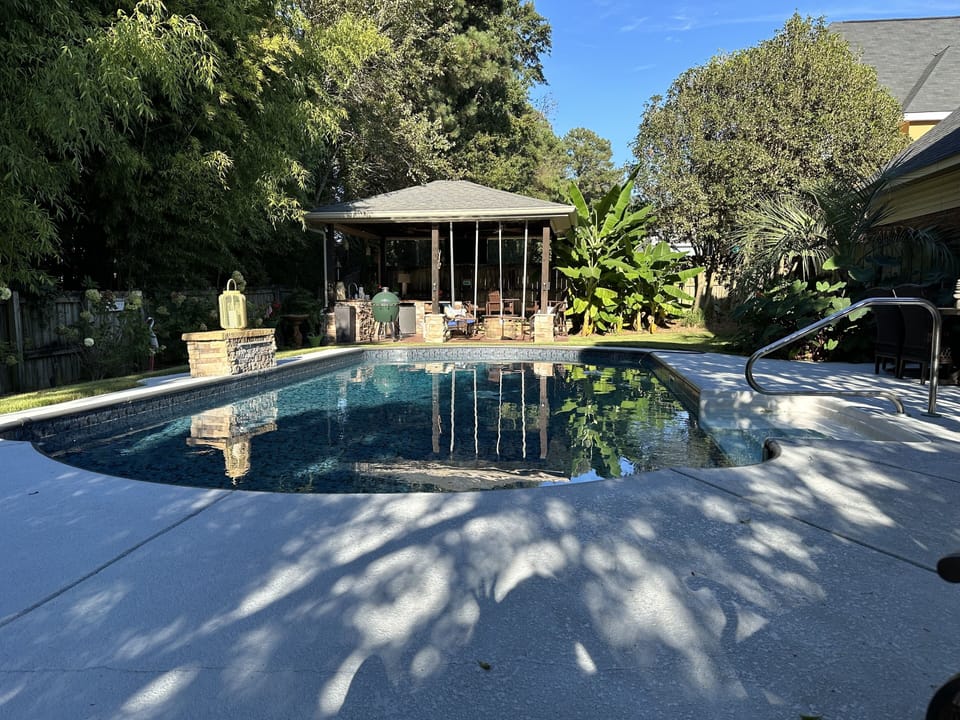 Private backyard with salt water pool, outdoor kitchen with green egg!