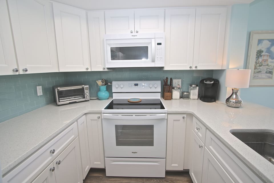 Fully stocked kitchen.