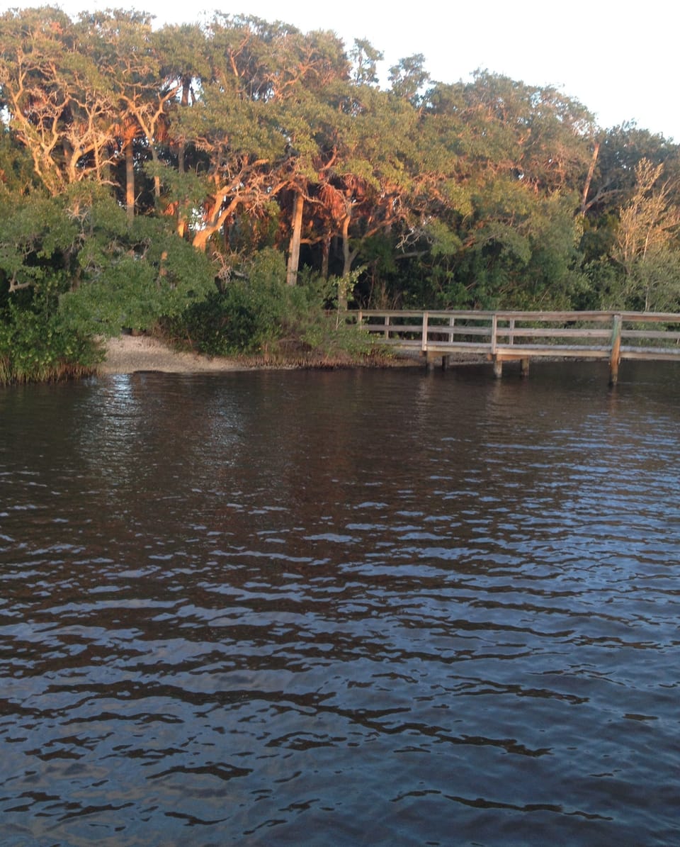 Public access dock on river with kayak launch area. Beautiful evening walk!