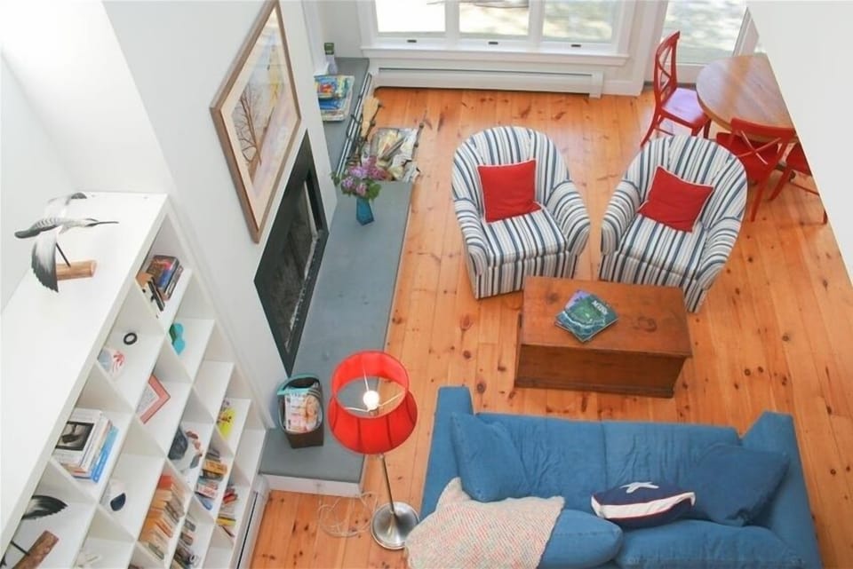family room with valuted ceiling, view from second floor