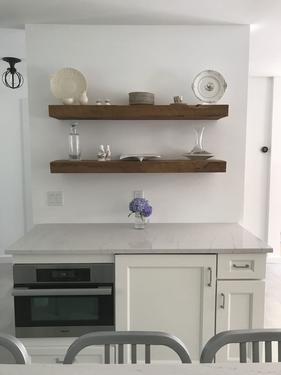 Miele Speed Oven and undercounter Sub Zero Wine Fridge. Barn Wood Shelving
