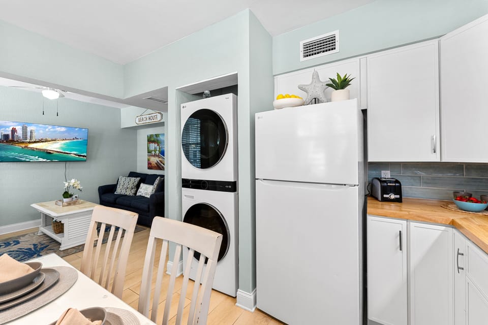Our fully equipped kitchen includes a fridge, stove, oven, microwave, Keurig coffee maker, and all the essentials.

We also have a washer and dryer unit for your laundry needs.