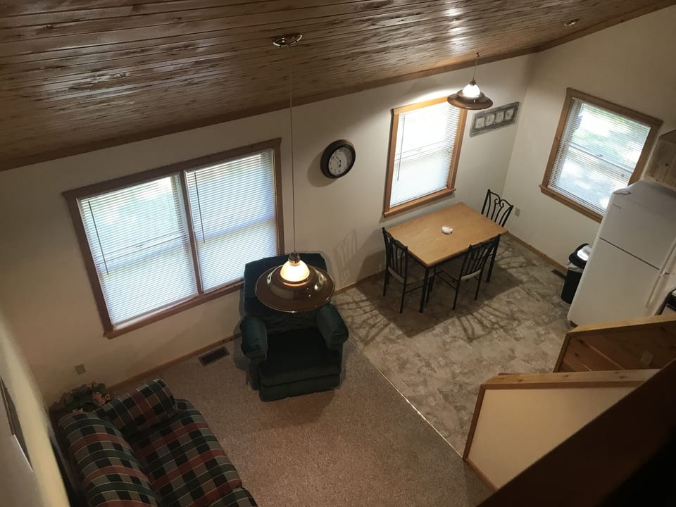 Looking down from loft into dining area