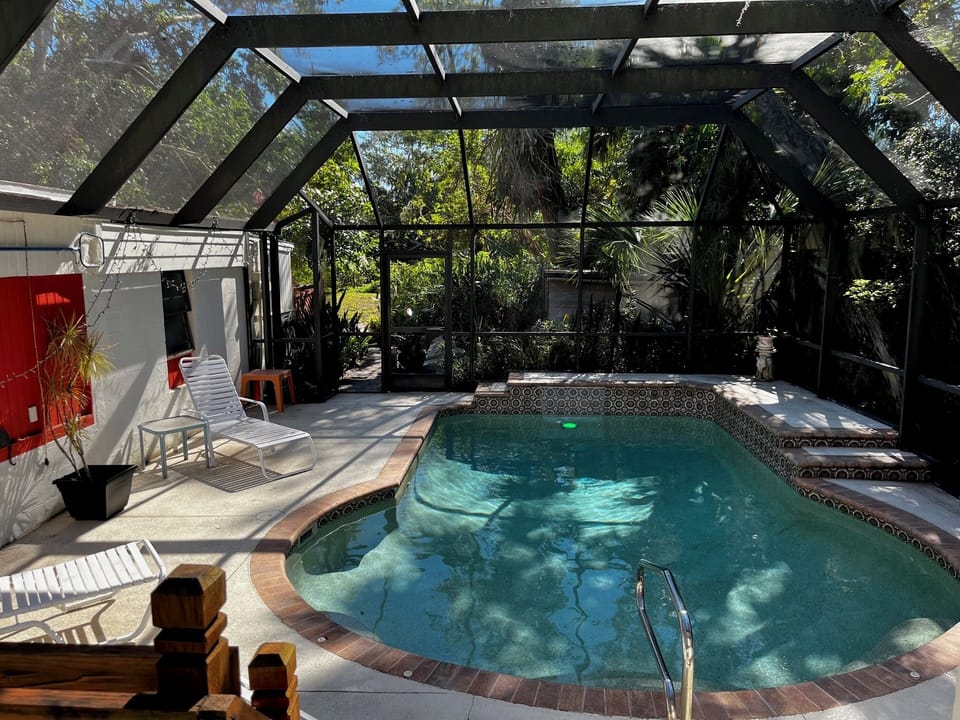 Ultra-private caged pool with LED lighting. (Pool is not heated.)  