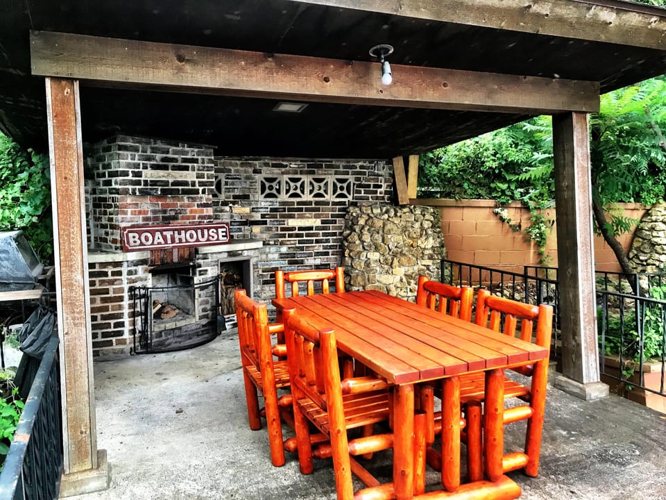 Boat house fireplace and seating area 