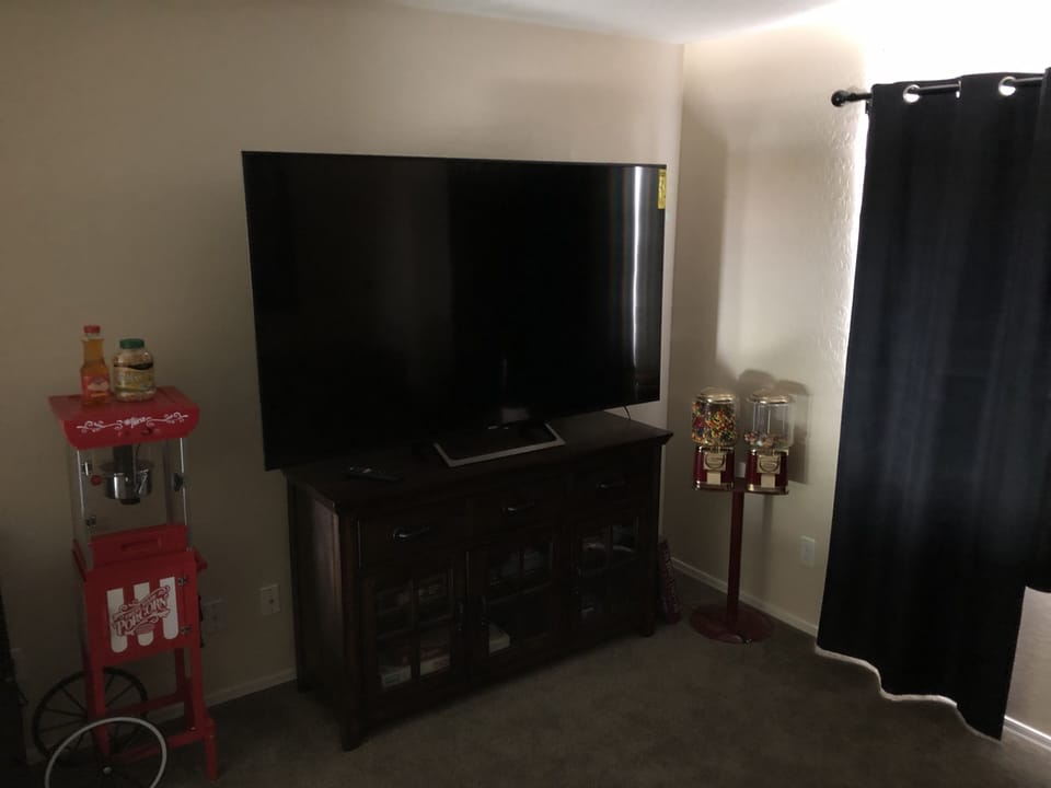 Blackout curtains help keep the movie mood even in the middle of the day 75”SONY