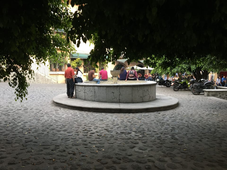Plazuela del Zacate fountain, here we meet for the delivery of keys