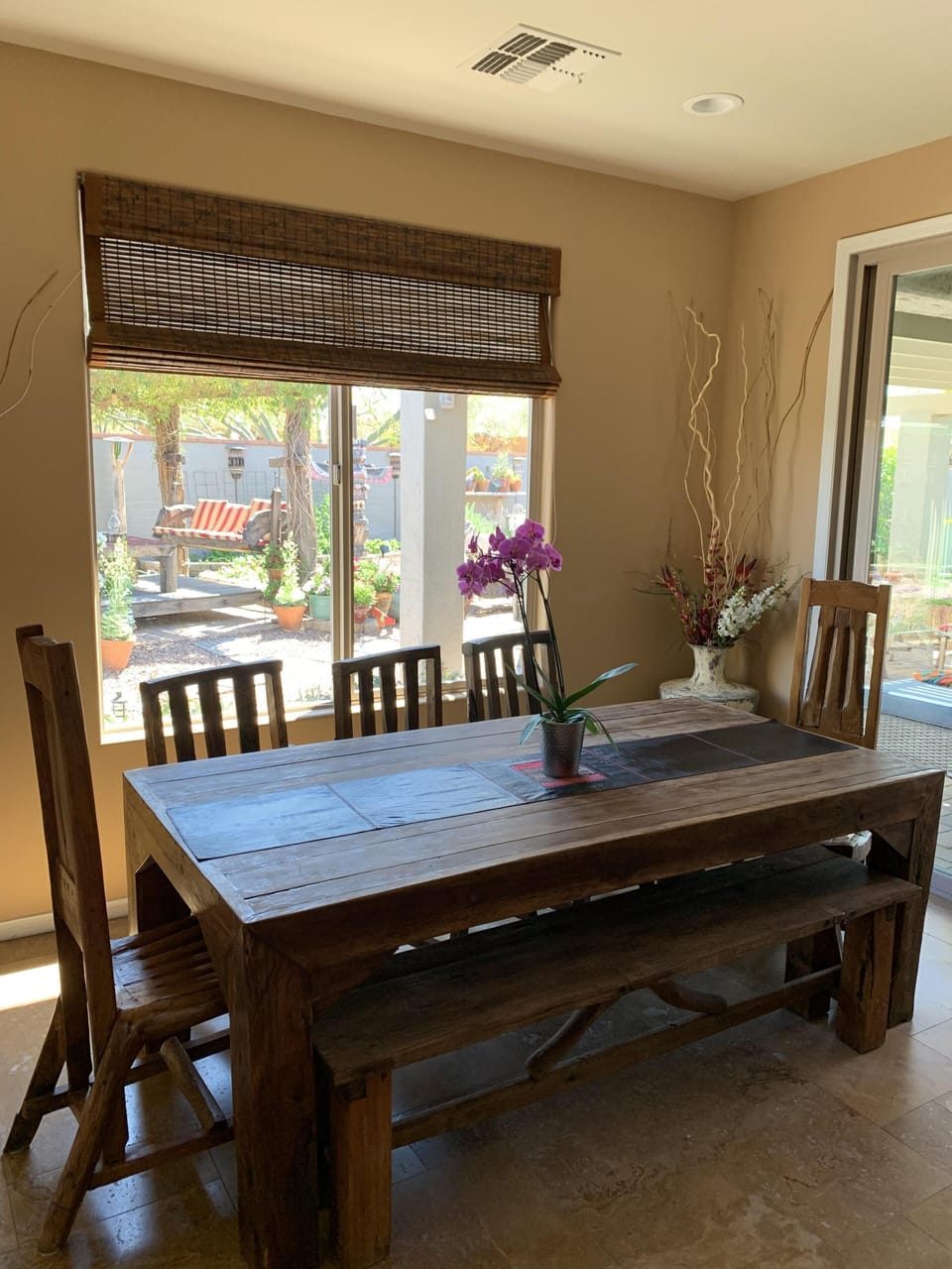 Reclaimed teak wood, table legs, railroad ties / sleeper’s, chair, wagon spokes