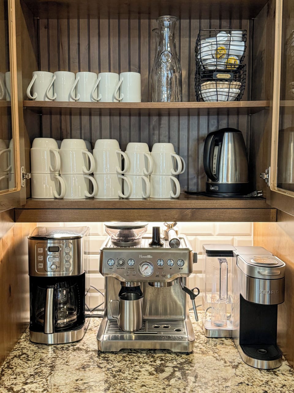 Coffee Bar - Espresso Maker, Keurig, and Drop coffee maker.