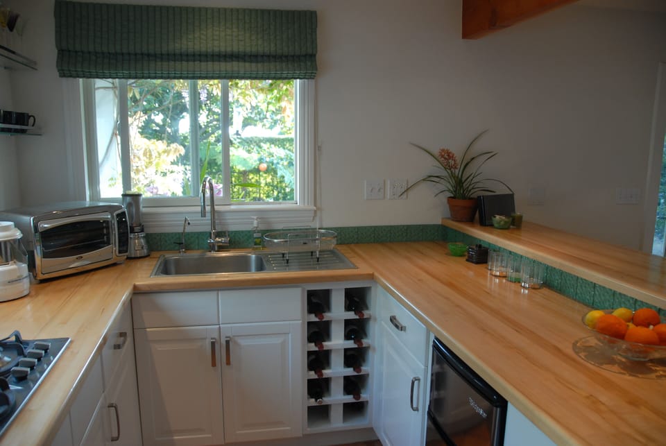 Mini fridge/ freezer, toaster oven, juicer, blender and beautiful view of garden