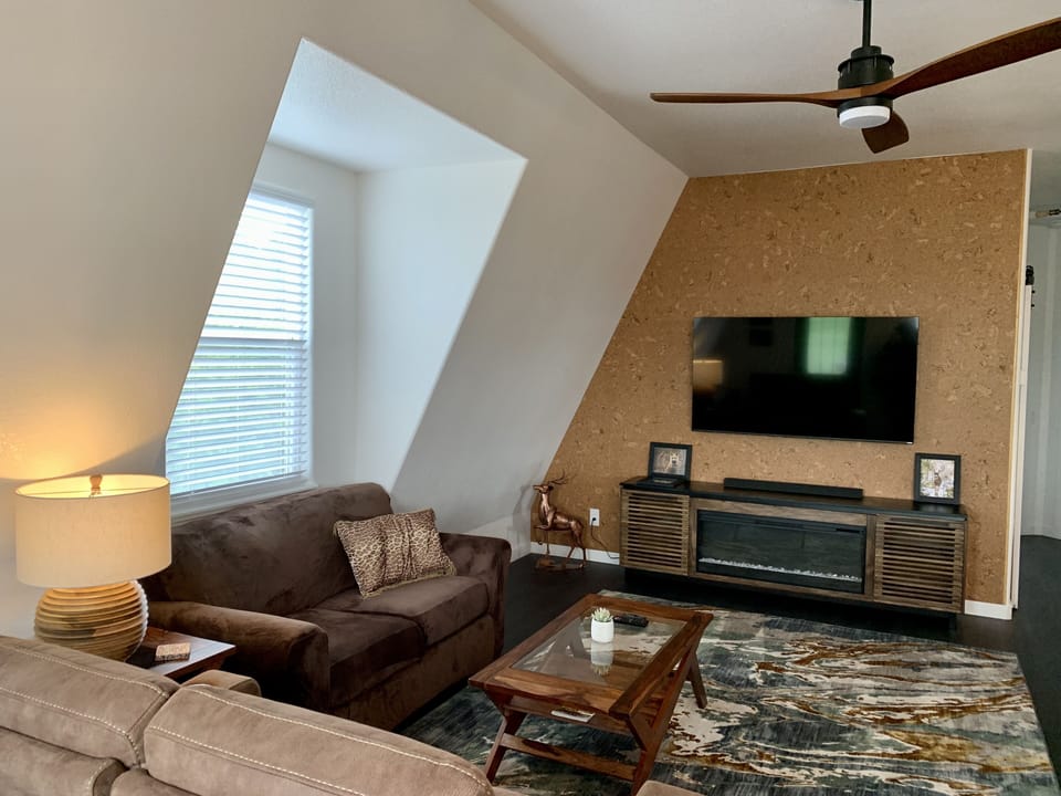 living room w smart tv and electric fireplace 