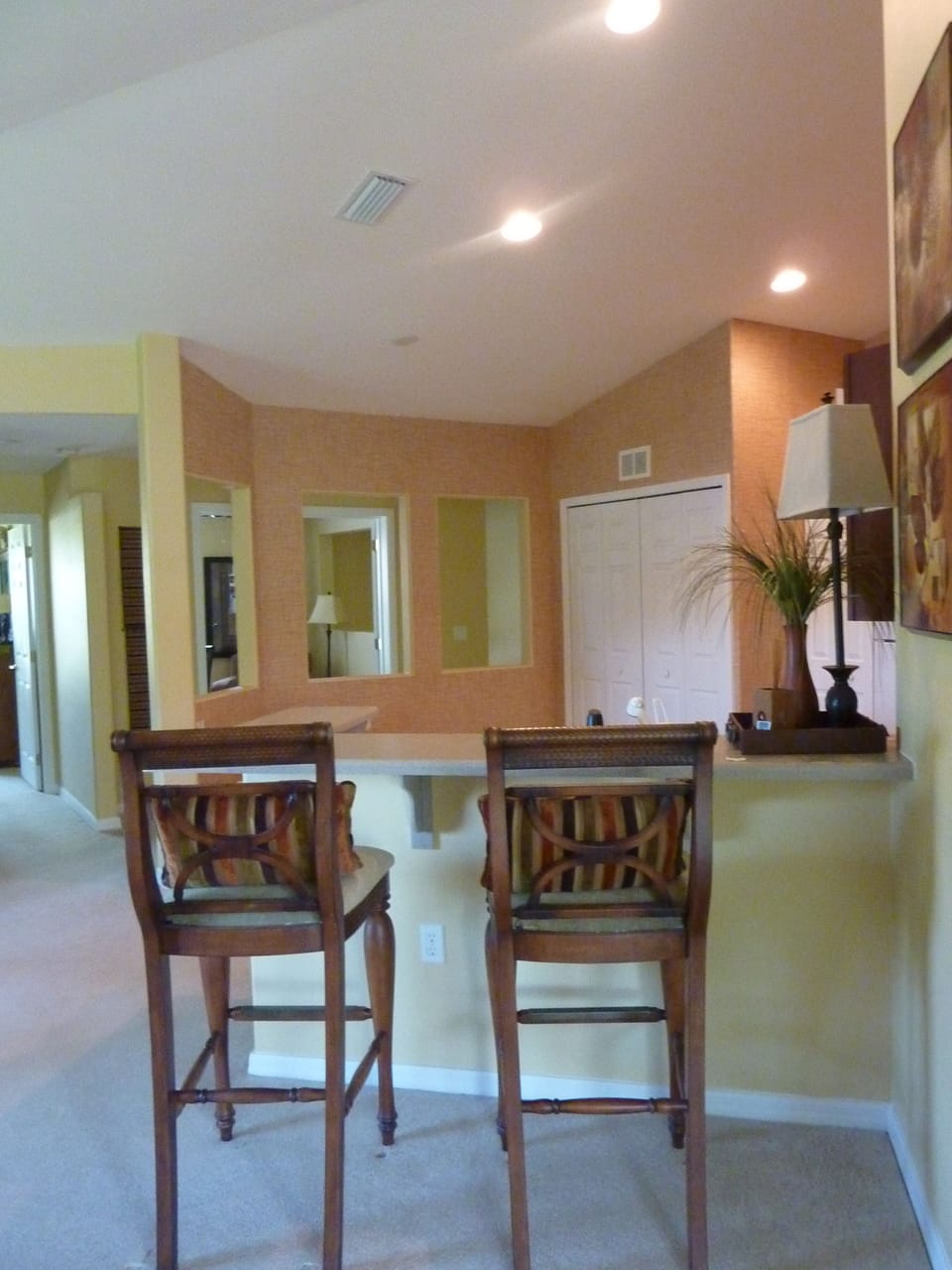 Breakfast counter in over sized kitchen.